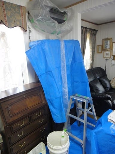 エアコンクリーニング、リビング、養生、念入り